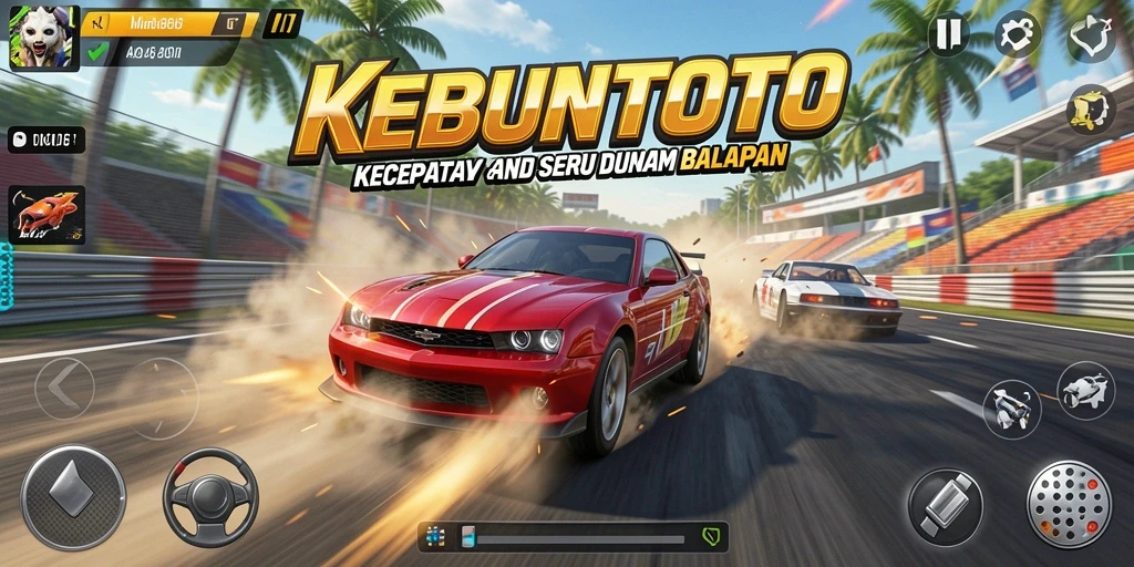 Screenshot gameplay KEBUNTOTO yang menampilkan aksi balapan mendebarkan.
